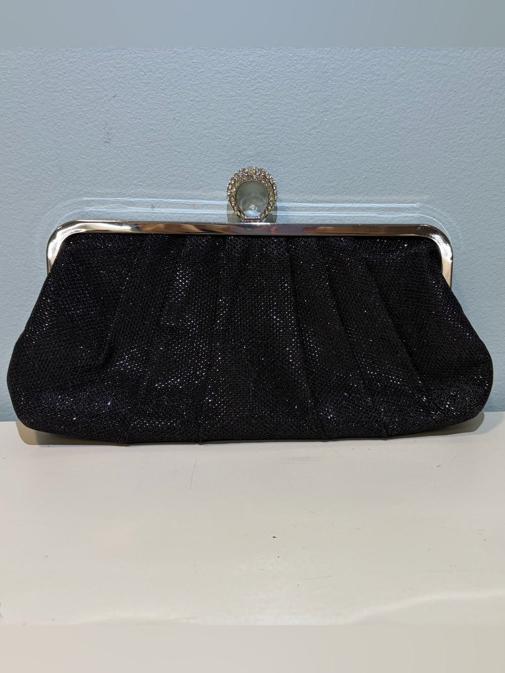 Jessica McClintock Sparkly Black Evening Clutch Rhinestone Finger Hold & Chain